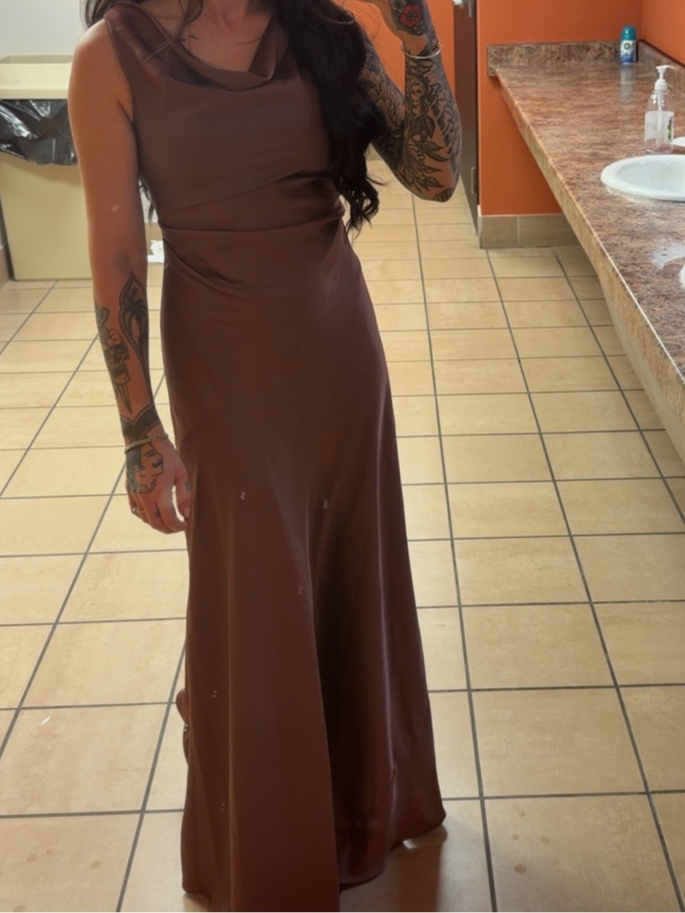 Cowell neck stretch satin dress, espresso